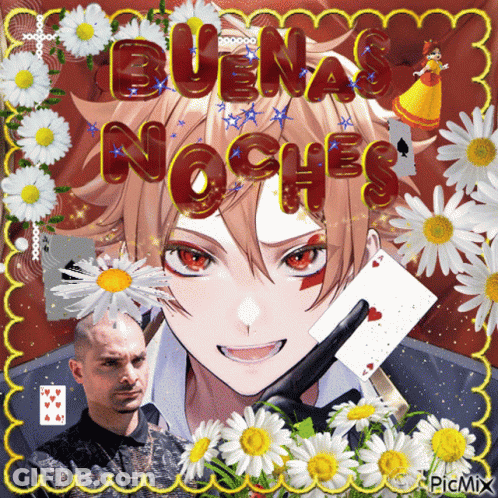 A Picture Of A Man Holding A Playing Card With The Words Buenas Noches Written On It GIF