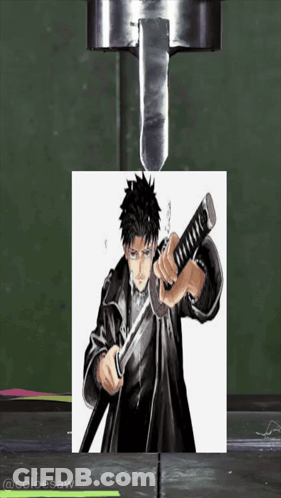 A Picture Of A Man Holding A Samurai Sword Is Being Tested GIF