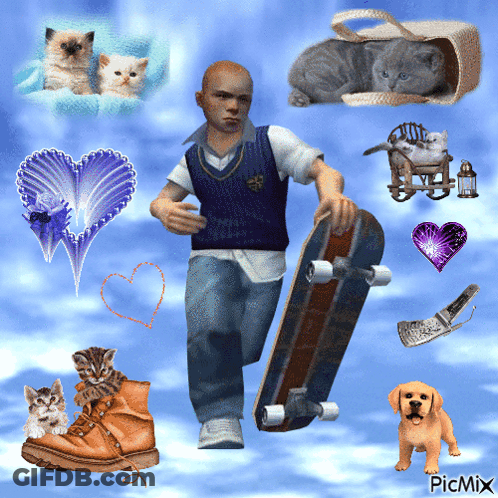 A Picture Of A Man Holding A Skateboard Surrounded By Kittens And A Dog With The Words Picmix At The Bottom GIF