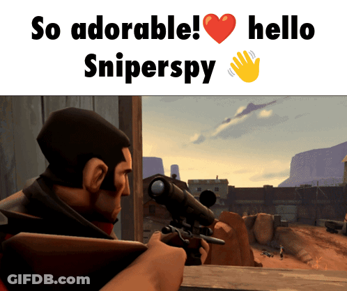 A Picture Of A Man Holding A Sniper Rifle With The Words So Adorable Hello Sniperspy GIF