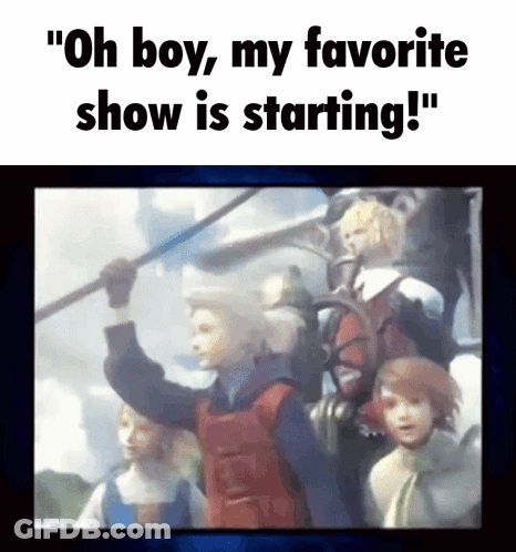 A Picture Of A Man Holding A Spear With The Caption " Oh Boy My Favorite Show Is Starting " GIF