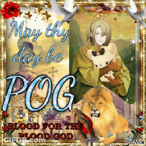 A Picture Of A Man Holding A Stuffed Animal With The Words May Thy Day Be Pog GIF