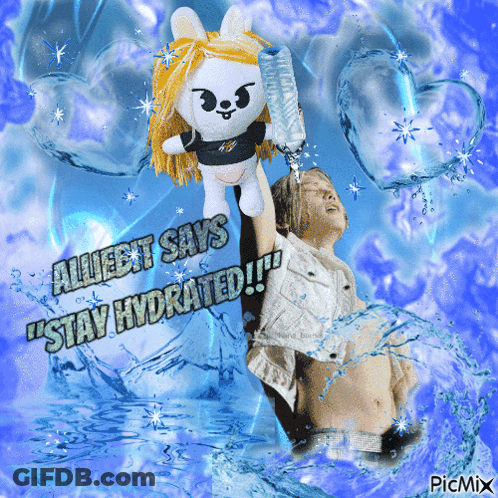 A Picture Of A Man Holding A Stuffed Bunny With The Words " Alliett Says Stay Hydrated " GIF