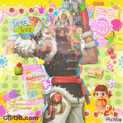 A Picture Of A Man Holding A Sword And A Book That Says Love Bug On It GIF