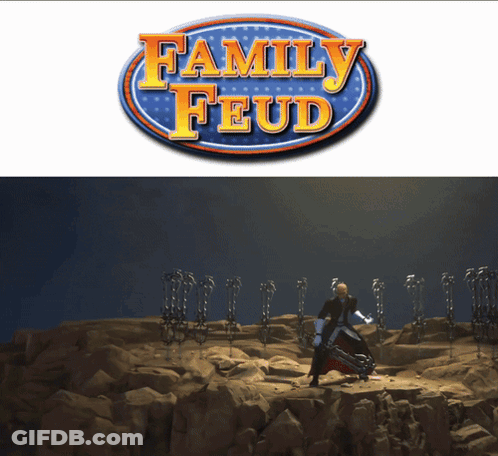A Picture Of A Man Holding A Sword Next To A Logo For Family Feud GIF