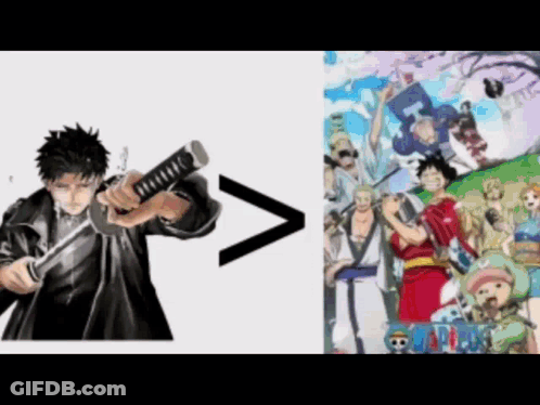 A Picture Of A Man Holding A Sword Next To A Picture Of One Piece GIF