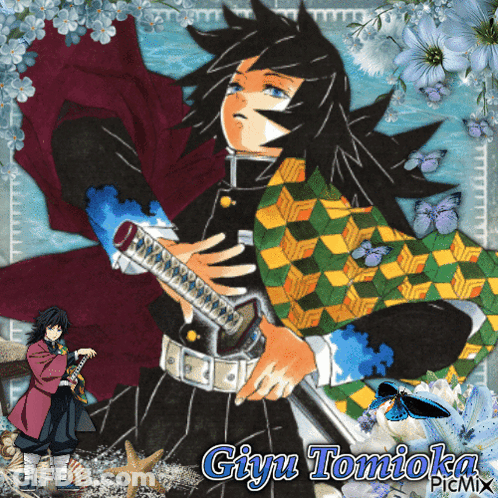 A Picture Of A Man Holding A Sword With The Name Giyu Tomioka On The Bottom GIF