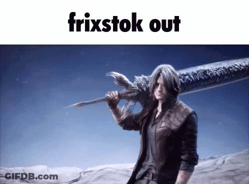 A Picture Of A Man Holding A Sword With The Words Frixstok Out Below Him GIF