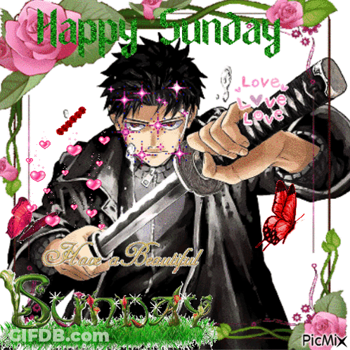 A Picture Of A Man Holding A Sword With The Words Happy Sunday On It GIF