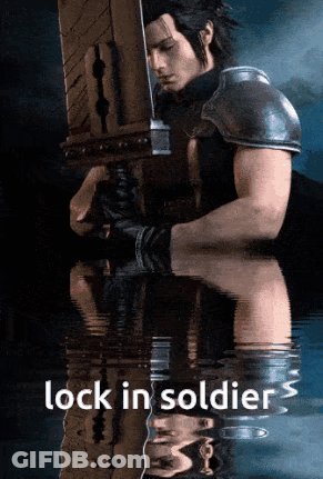 A Picture Of A Man Holding A Sword With The Words Lock In Soldiers Above Him GIF
