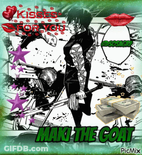 A Picture Of A Man Holding A Sword With The Words " Maki The Goat " On It GIF
