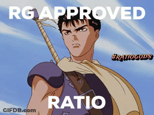 A Picture Of A Man Holding A Sword With The Words Rg Approved Ratio Below Him GIF
