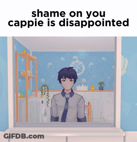 A Picture Of A Man In A Bathroom With The Words Shame On You Cappie Is Disappointed GIF