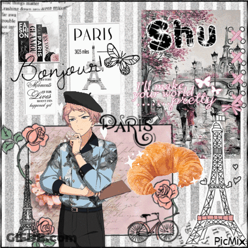 A Picture Of A Man In A Beret With A Croissant In Front Of A Sign That Says Paris GIF
