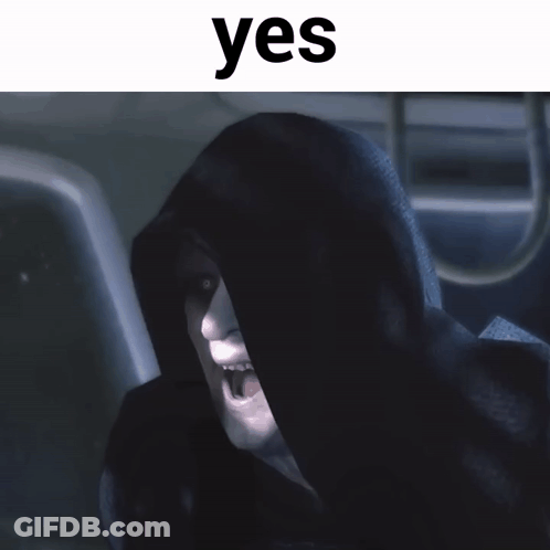 A Picture Of A Man In A Black Hood With The Word Yes Above Him GIF