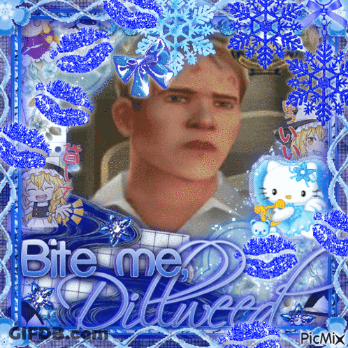 A Picture Of A Man In A Blue Frame With The Words Bite Me Diluced On It GIF