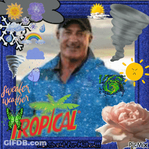 A Picture Of A Man In A Blue Jacket With Tropical Written On The Bottom GIF