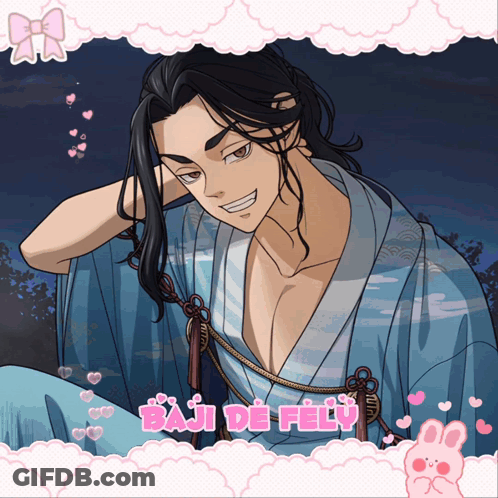 A Picture Of A Man In A Blue Kimono With The Words Baju De Fely On The Bottom GIF