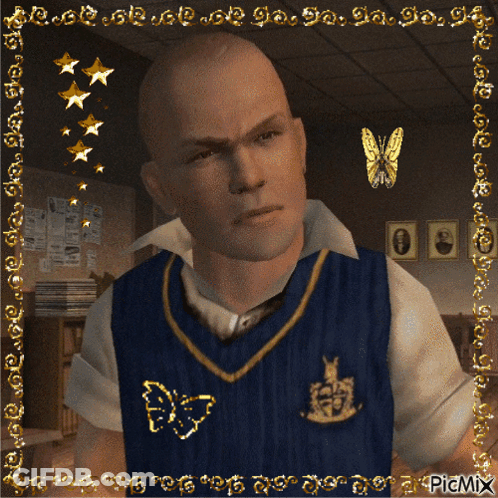 A Picture Of A Man In A Blue Vest With A Gold Butterfly On His Chest GIF