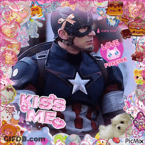 A Picture Of A Man In A Captain America Costume With The Words Kiss Me On The Bottom GIF