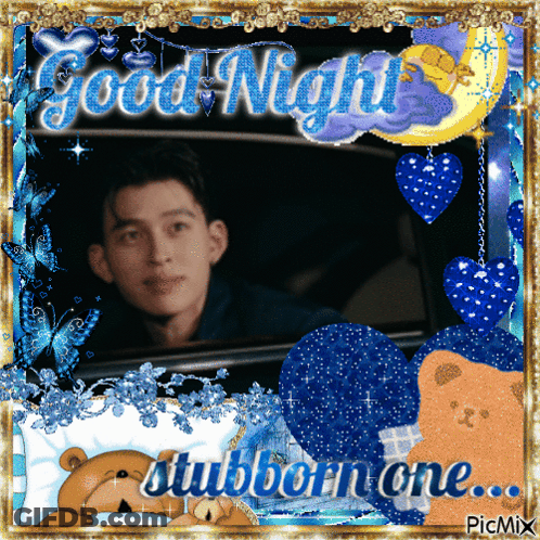 A Picture Of A Man In A Car With The Words Good Night Stubborn One On It GIF