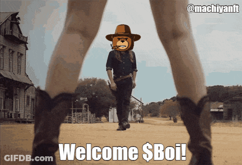 A Picture Of A Man In A Cowboy Hat With The Words Welcome $ Boi On The Bottom GIF