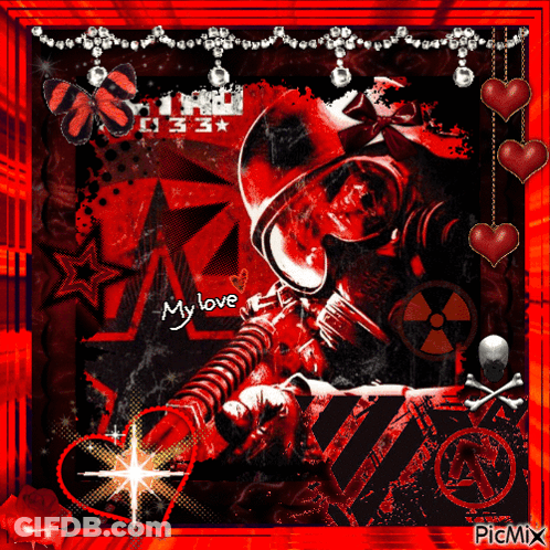 A Picture Of A Man In A Gas Mask With The Words My Love Written On The Bottom GIF