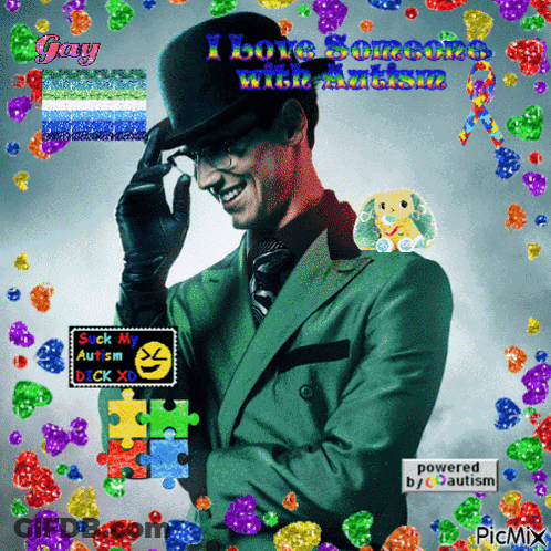 A Picture Of A Man In A Green Suit And Top Hat With The Words I Love Someone With Autism Behind Him GIF