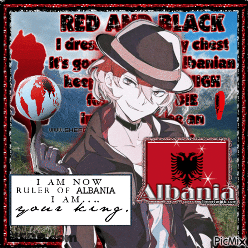 A Picture Of A Man In A Hat With The Words " I Am Now Ruler Of Albania I Am Your King " On It GIF