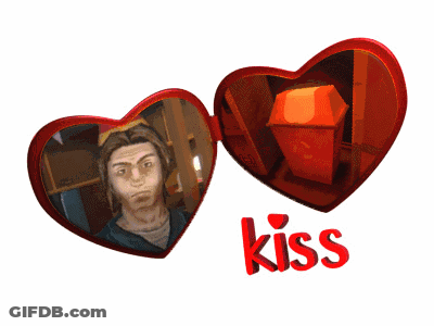 A Picture Of A Man In A Heart Shaped Mirror With The Word Kiss Underneath It GIF