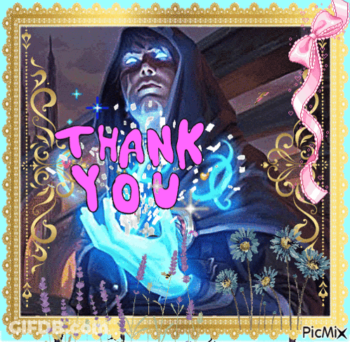 A Picture Of A Man In A Hood With The Words Thank You Above Him GIF