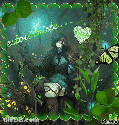 A Picture Of A Man In A Hooded Cape With A Butterfly And The Words " Estou Triste " GIF