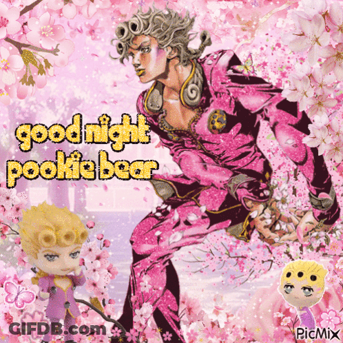 A Picture Of A Man In A Pink Suit With The Words Goodnight Pookie Bear On It GIF