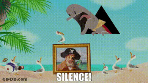 A Picture Of A Man In A Pirate Hat Is Surrounded By Seagulls And A Dolphin And Says Silence GIF