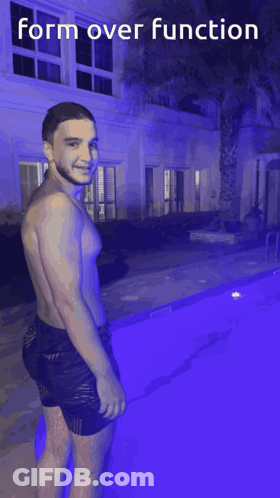 A Picture Of A Man In A Pool With The Words Form Over Function Above Him GIF