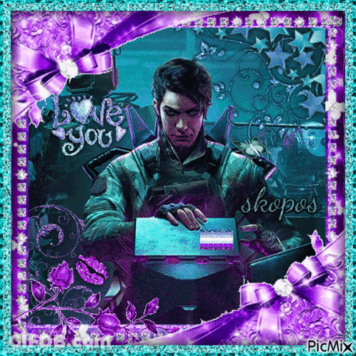 A Picture Of A Man In A Purple And Blue Frame With The Words Love You Skopos GIF