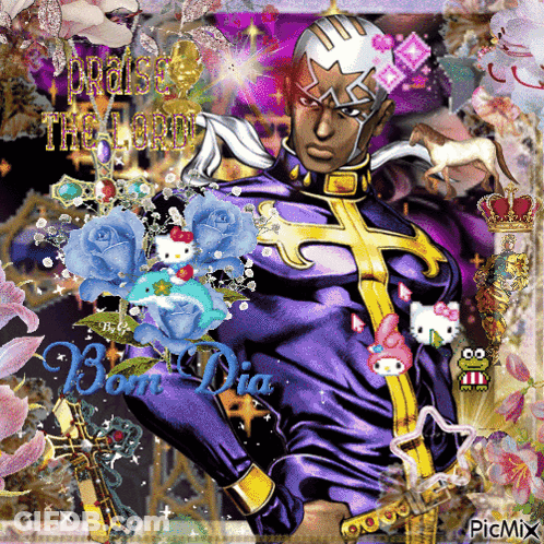 A Picture Of A Man In A Purple Suit With Flowers And The Words Bom Dia GIF
