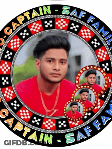 A Picture Of A Man In A Red Shirt Is In A Circle That Says Captain Saff Family GIF