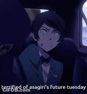 A Picture Of A Man In A Suit And Bow Tie With The Caption Terrified Of Asagiri 'S Future Tuesday GIF