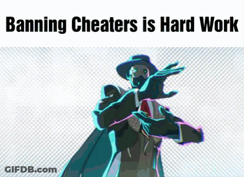 A Picture Of A Man In A Suit And Hat With The Words Banning Cheaters Is Hard Work Below Him GIF