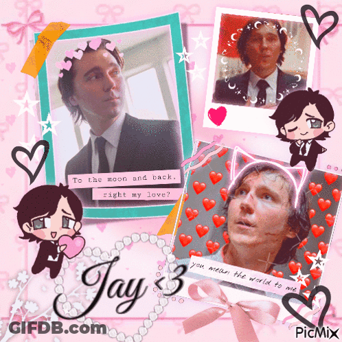 A Picture Of A Man In A Suit And Tie Surrounded By Hearts And The Name Jay 3 GIF