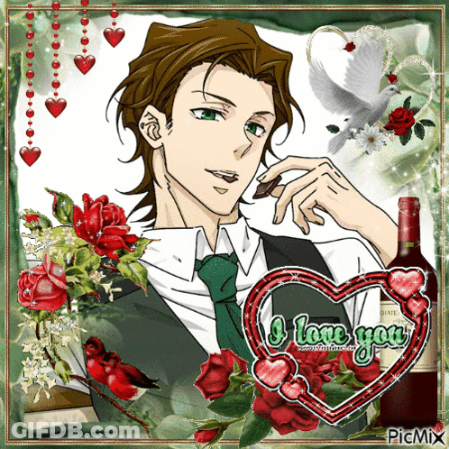A Picture Of A Man In A Suit And Tie With A Heart That Says I Love You GIF