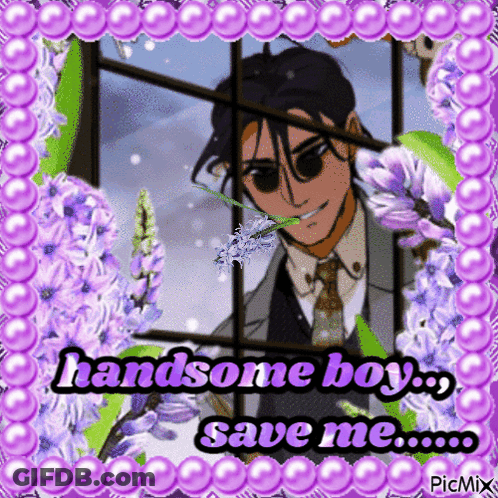 A Picture Of A Man In A Suit And Tie With Purple Flowers And The Words Handsome Boy Save Me GIF