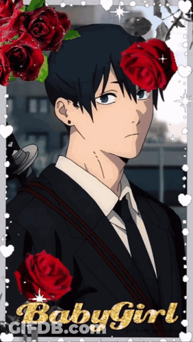 A Picture Of A Man In A Suit And Tie With Red Roses And The Words Baby Girl GIF