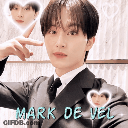 A Picture Of A Man In A Suit And Tie With The Name Mark De Vel Above Him GIF