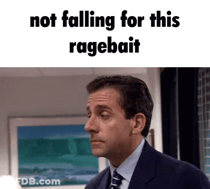 A Picture Of A Man In A Suit And Tie With The Words Not Falling For This Ragebait Above Him GIF