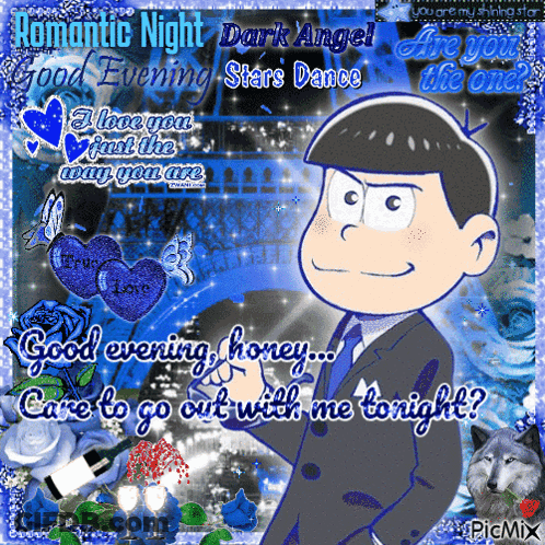 A Picture Of A Man In A Suit And Tie With The Words Romantic Night Dark Angel Good Evening Stars Dance GIF