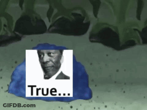 A Picture Of A Man In A Suit Is On A Blue Blob That Says True . GIF