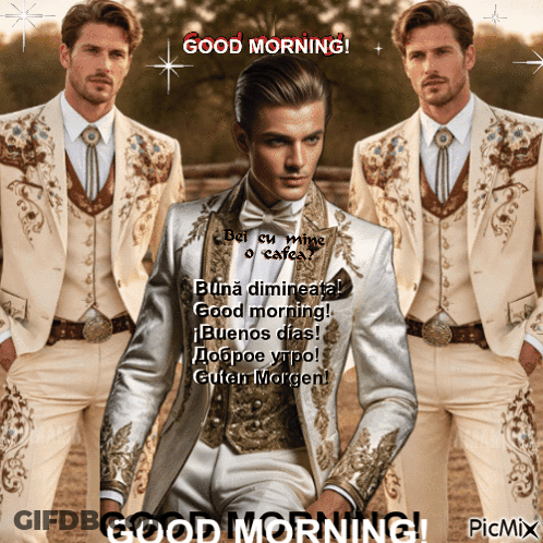 A Picture Of A Man In A Suit With The Words Good Morning On It GIF