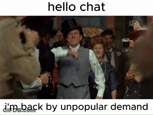 A Picture Of A Man In A Top Hat With The Words Hello Chat I 'M Back By Unpopular Demand On The Bottom GIF